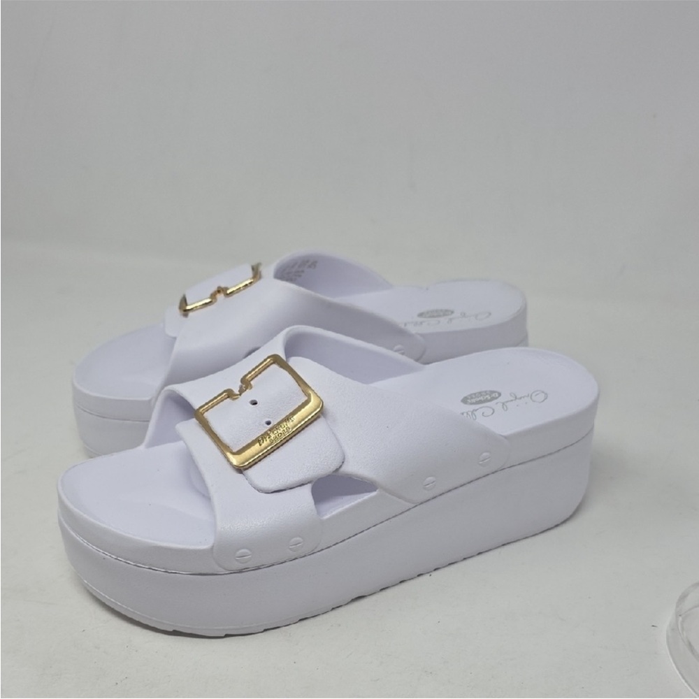 Dr. Scholl's White and Gold Platform Slides with Buckle Size 8